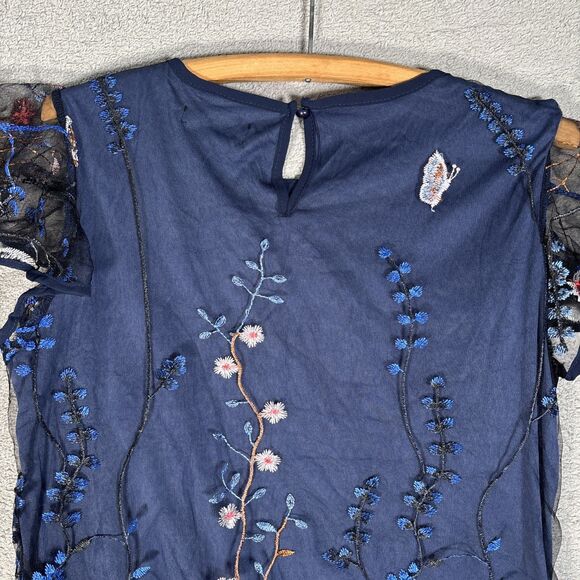 NWT CBR Top Womens Size M Navy Blue Layered Mesh Embroidered Ditsy Forest Fairy - Picture 11 of 14